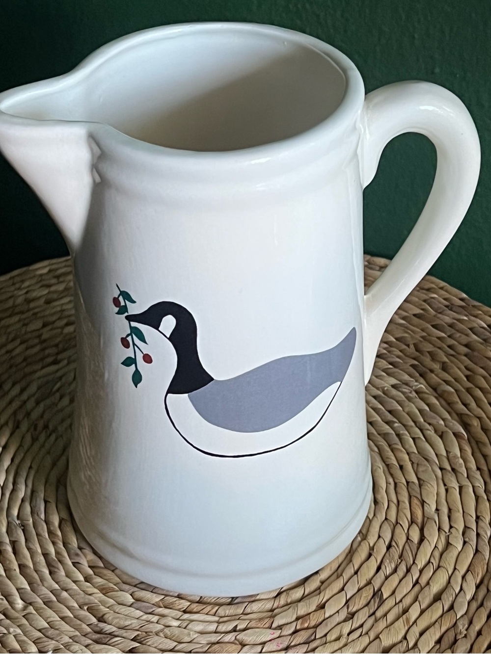 White Ceramic Bird Pitcher with Gray & Black Accent